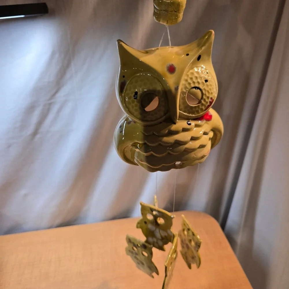 Vintage Yellow Owl Windchime‎ Ceramic Hand Painted, Probably Handmade